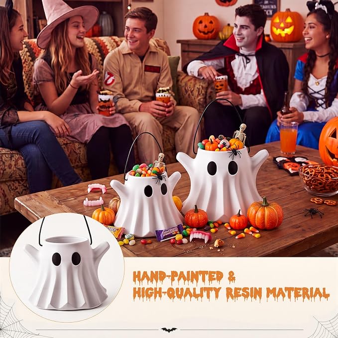 FoldTier 2 Pcs Halloween Ghost Planter Vase Candy Bowl Bucket with Handle | Resin Ghost Design, Multipurpose Flower Pot and Candy Holder, Indoor Outdoor Decor, Home Garden Table Centerpiece for Party