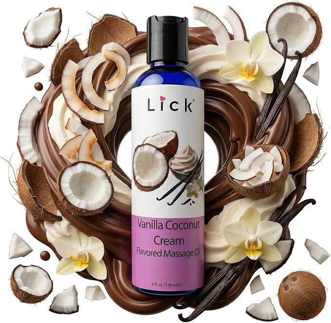 Lick Vanilla Coconut Cream Flavored Massage Oil – Sweet Tropical Edible Massage Oil with Vitamin E, Smooth Body-Safe Glide for Couples Massage & Sensory Date Nights, 4 oz