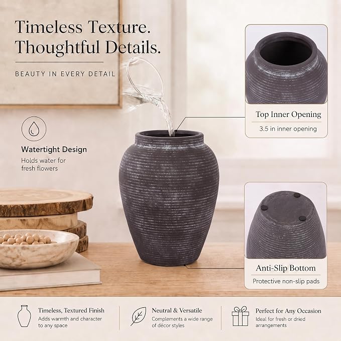 8.1" Brown Ceramic Vase for Flowers and Decor | Rustic ceramic vase in charcoal brown; small flower vase, watertight for fresh or dried stems, shelves, mantels and tables