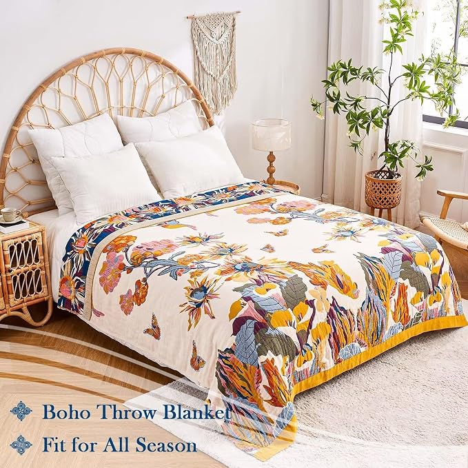 XIBLC Boho Throw Blanket, 100% Cotton Ultra Soft Luxury Throw Rustic Quilt, 90"x98" Floral Bird Butterfly Farmhouse Decor Bed Blankets, All Season Rustic Reversible Bohemian Throw for Bed - Yellow