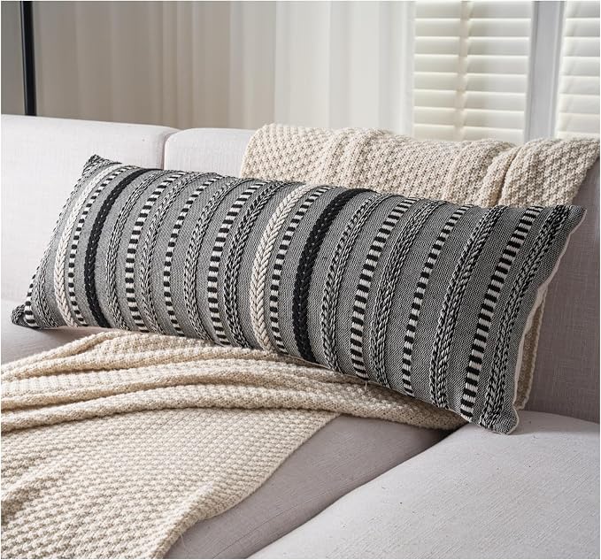 Cethom Boho Lumbar Pillow Covers 14x36 Long, Farmhouse Decorative Couch Pillow Cases, Black Accent Pillows of Bed, Sofa Bedroom Living Room Home Decor Cushion Cover, Pack of 1
