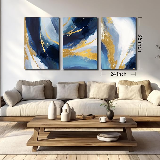 DNIEOTU Abstract Wall Art for Living Room, Blue and Gold Canvas Picture Prints Wall-Decor for Bedroom, Size 24 x 36 Inches 3-Pieces