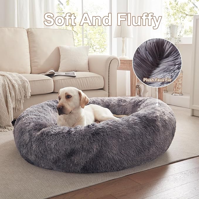 45 in Faux Fur Donut Dog Bed for Extra Large Dogs,Tie-dye Grey | Calming Plush Round Jumbo Fluffy Pet Bed with Removable & Washable Cover,Fits up to 120 lbs Pets