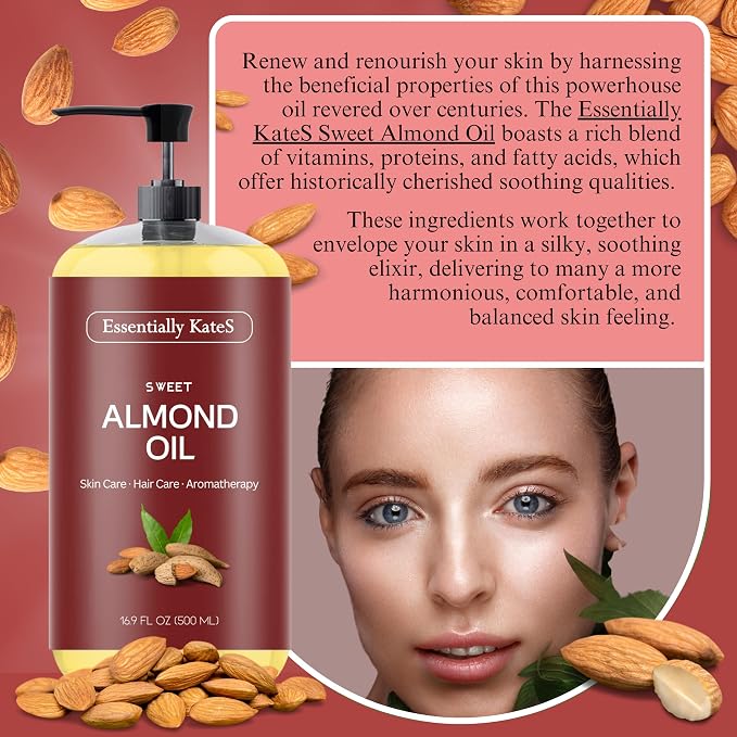 Essentially KateS Sweet Almond Oil 33.8 Fl Oz - Pack of 2 x 16.9 Fl Oz - 100% Pure and Natural - Conditioning, Moisturizing & Nourishing - No Greasy Feel - A Natural Vit. E source