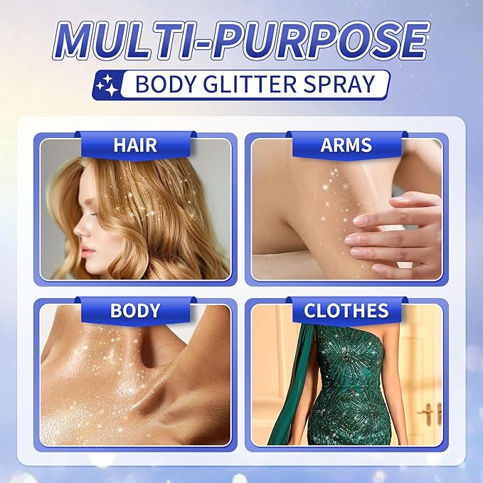 AWCCXMYM Body Glitter Spray Temporary Sparkle Glitter Spray for Hair and Body Long-Lasting and Quick-Drying Shiny Hairspray for Christmas Festival Concert Party Rave Accessories 2.11 Fl Oz