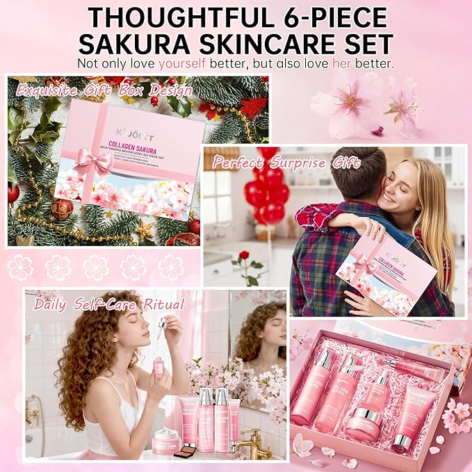 Sakura Skin Care Set - 6 PCS Cherry Blossom Skin Care Kit with Cleanser, Toner, Serum, Lotion, Eye Cream & Face Cream - Moisturizes Skin & Boosts Collagen - Korean Skin Care Set for Teen Girls & Women