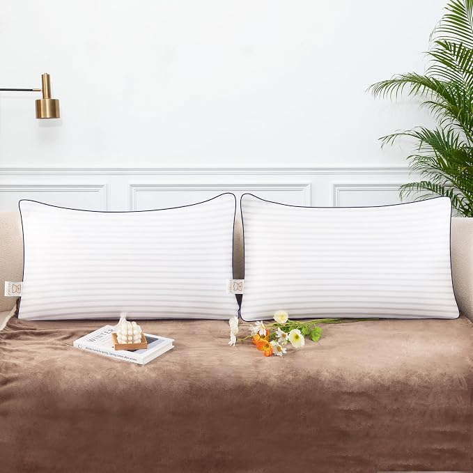 Yettbea 12x20 Inches Pillow Inserts Set of 2- Premium Soft Down Alternative Fill, Decorative Throw Pillows for Couch, Bed & Sofa, Supportive White Striped Bedroom Pillow Forms