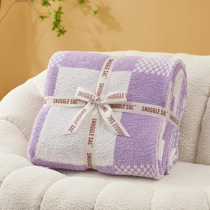 Snuggle Sac Checkered Blanket, Lilac Purple Throw Blanket for Couch Plaid Microfiber Fluffy Warm Cozy Fuzzy Soft Throw Blanket Reversible Checkered Blankets for Sofa, Chair, Bed, 50x60 inches