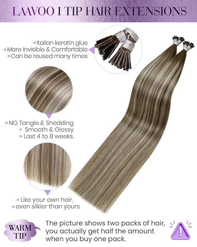 LaaVoo Itip Hair Extensions Real Human Hair Balayage Light Brown with Platinum Blonde Ombre 18 in 50g/50s