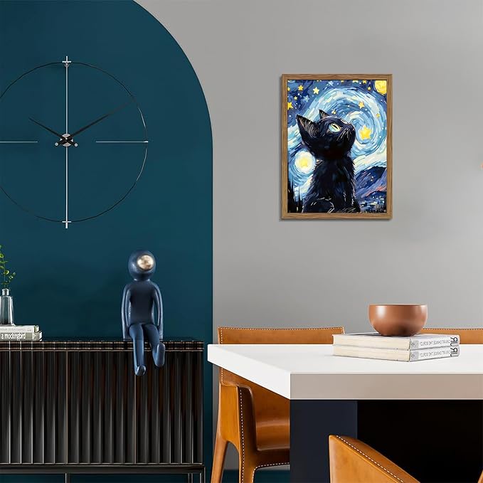 Framed Black Cat Wall Art, Van Gogh Starry Night Canvas Wall Decor, Cute Cat Animal Poster Print Picture, Impressionist Artwork Oil Painting for Bedroom Living Room Nursery 12x16 Inch