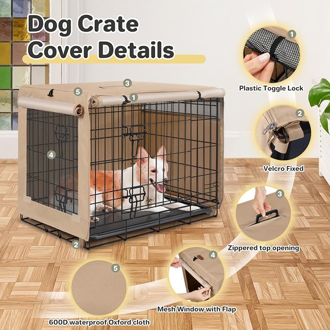 Seiyierr Dog Crate Cover - Kennel Cover Fit for 24 Inch Dog Crate, Double Door Polyester Crate Cover for Wire Dog Crate Indoor Outdoor Protection, Beige