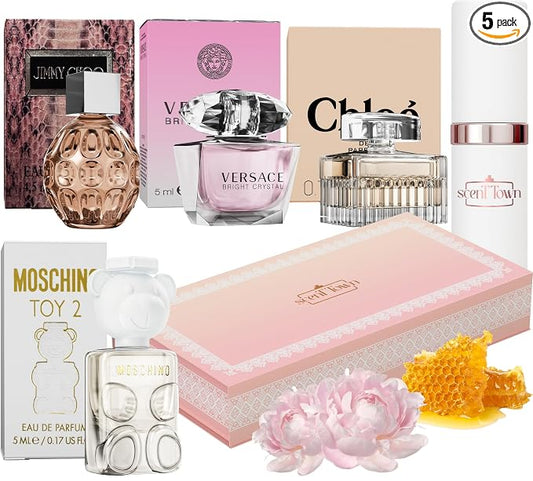 Scentown Mini Perfumes for Women (Set of 5) – Designer Perfume Samples for Women Packed in an Elegant Gift Box – Includes Moschino, Jimmy Choo, Chloé, Versace & Empty Refillable Perfume Atomizer
