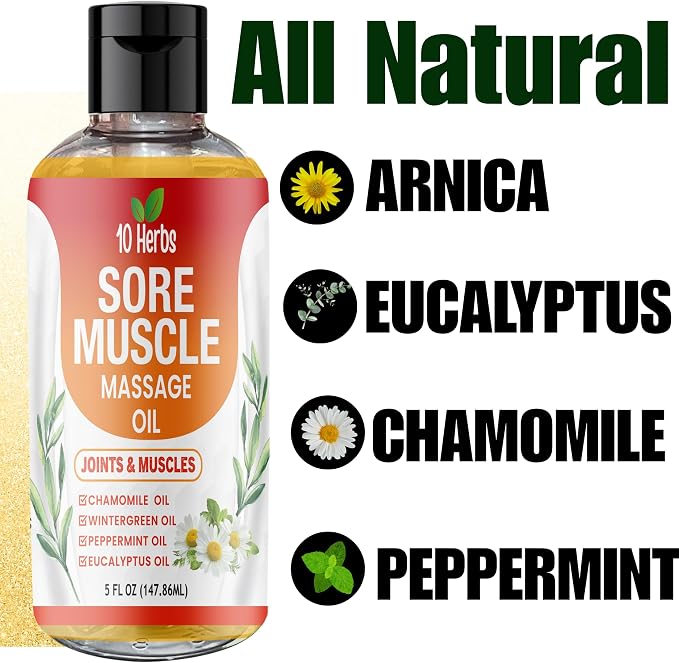 Premium Body Massage Oil for Sore Muscles and Joints, with Eucalyptus, Chamomile & Peppermint Oil