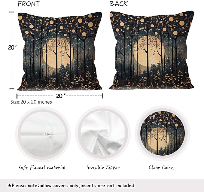 Rustic William Morris Inspired Gold Moon Pillow Covers 18x18 Set of 2,Vintage Black and Gold Moon Forest Botanical Nature Landscape Decorative Throw Pillow Covers for Home Bedroom Living Room