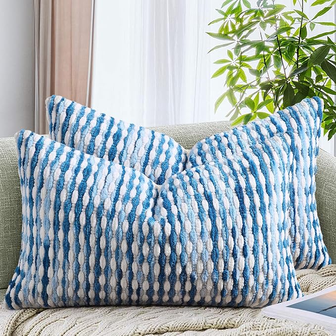 Set of 2 Boho Chenille Pillow Cover Decorative Tufted Pillowcase for Couch Bed Sofa Bedroom Living Room Modern 12 x 20-Inch Sky Blue