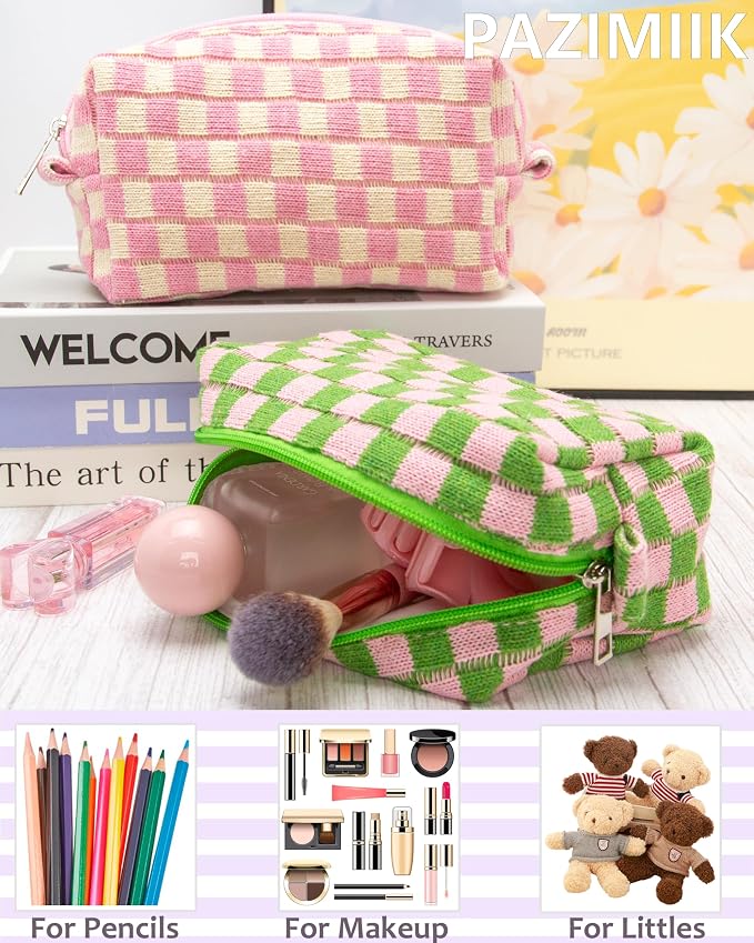 PAZIMIIK Checkered Makeup Bag for Purse Portable Zipper Make Up Pouch Small Cosmetic Case for Travel Accessories Pink Green