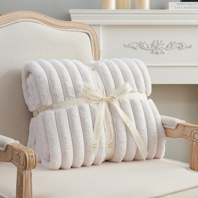 Faux Fur Throw Blanket for Couch, Cozy Fuzzy Fluffy Fur Luxurious Soft Striped Plush Gift Blankets for Family Sofa Chair Bedroom, 55"x70", Ivory