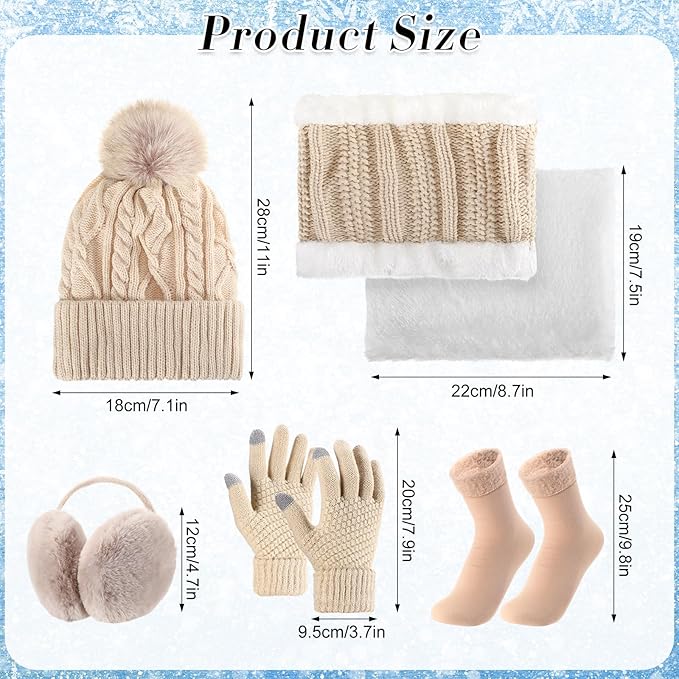 SATINIOR 5 Pcs Winter Hat Scarf Gloves Set Fleece Warm Lined Knit Beanie Hat Touch Screen Earmuff Gloves Warmer for Women(Beige,Rhombus Pattern)