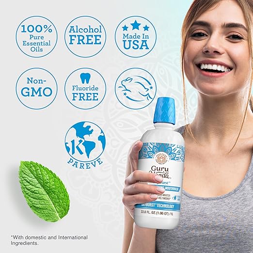 GuruNanda Oxyburst Teeth Whitening Mouthwash – Alcohol & Fluoride Free, with Hydrogen Peroxide & 7 Essential Oils, Value Pack for Regular Use, Wild Mint, 1 Liter/33.8 fl oz
