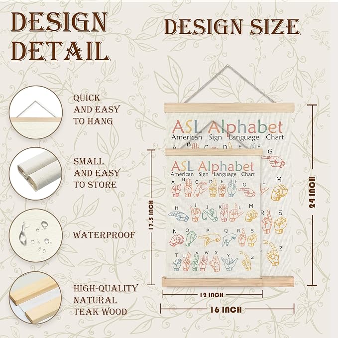 URLLUAE Asl Alphabet Poster Hanger Frame,Alphabet Posters for Classroom Wall,Sign Language Poster,Sign Language Book for Kids,Toddler Learning Posters for Nursery Kids Room,12x16 Inches