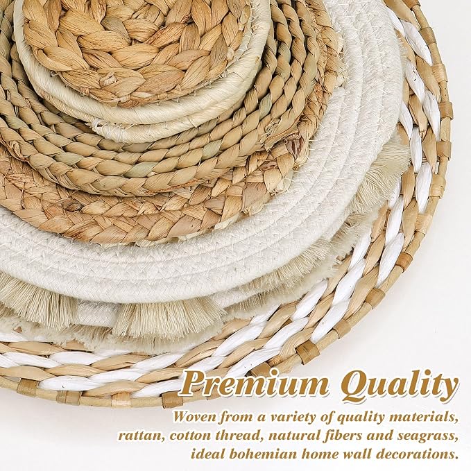 Set of 10 Boho Wall Basket Decor Wicker Woven Wall Basket Decoration | LOMOHOO Bohemian Handcrafted Round Basket Hanging Decor Bulrush Wall Art Decors for Living Room Rustic Home