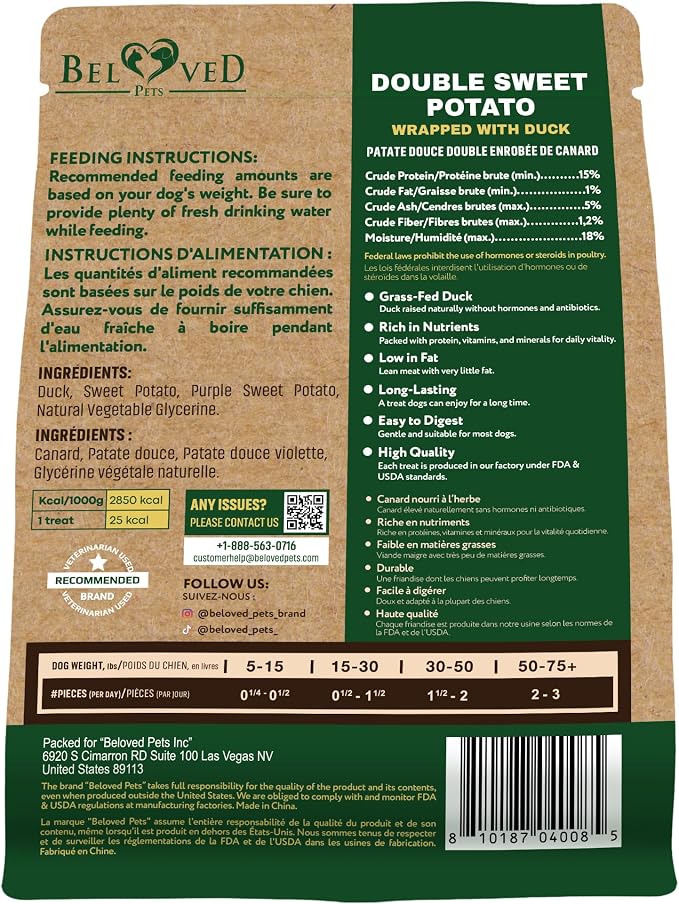 Beloved Pets Sweet Potato Dog Treats & Chicken Jerky Wraps 1.5 Pound - Dog Food & High Protein Soft Chews for Large, Medium & Small Breeds Double Sweet Potato Wrapped Duck