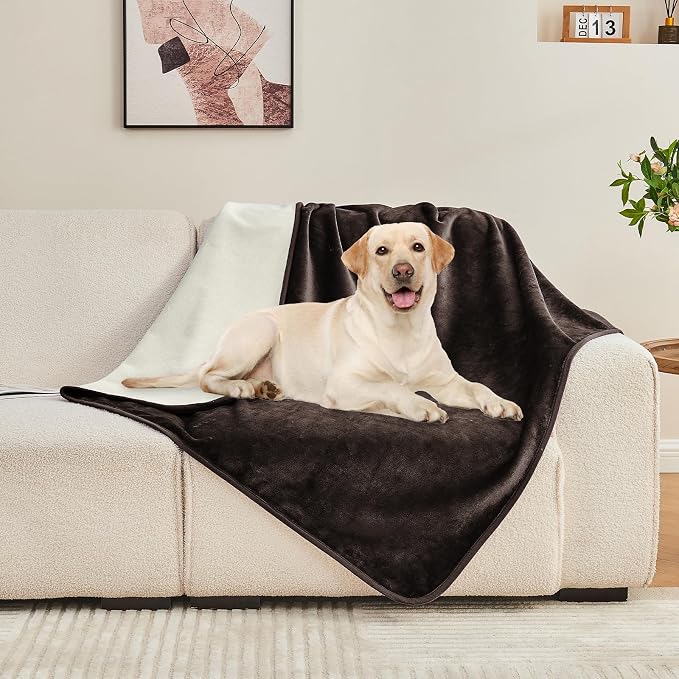 Waterproof Blanket 80"x90" for Adults, Reversible Waterproof Bed Cover for Dogs Cats Pets, Soft Leakproof Blanket for Bed Couch Sofa Furniture Protector, Brown/Off White