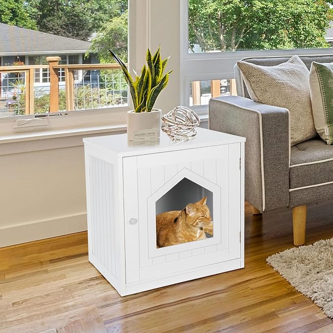 ZENY Cat House & Side Table, Pet Cat Litter Box Enclosure with Vent Holes, Wooden Enclosed Cat Washroom, White