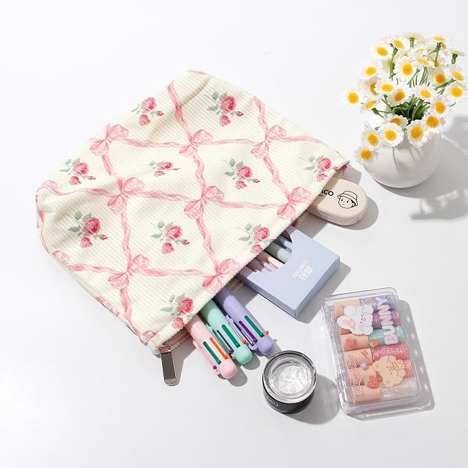 Cosmetic Bags for Women - Corduroy Cosmetic Bag Aesthetic Women Handbags Purses Smile Dots Makeup Organizer Storage Makeup Bag Girls Case Bags (Flowers-Apis)