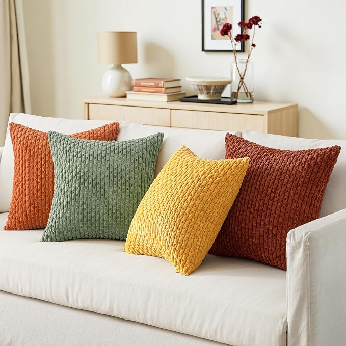 MIULEE Fall Burnt Orange Decorative Throw Pillow Covers 18x18 Set of 4 | Modern Striped Cushion Covers Soft Corduroy Pillowcase Autumn Terracotta Home Decor for Bed Sofa Living Room