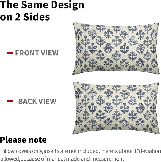 Dark Blue Floral Pillow Covers 12x20 Inch Set of 2, Block Print Lumbar Flower Cream Decorative Throw Pillowcases Outdoor Farmhouse Rectangle Cushion Covers Spring Summer Sofa Couch Bed Decor