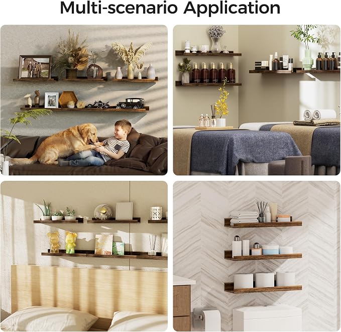 upsimples Floating Shelves for Wall Decor and Storage, Brown, 6Pcs 15.7'' | Wall Mounted Wood Shelves for Living Room, Bedroom, Bathroom, Kitchen, Office, Laundry Room Display and Organize