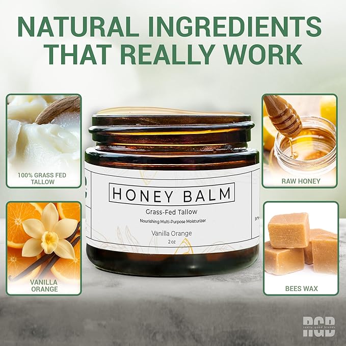 Tallow Honey Balm, Organic Body Butter, Grass-Fed Beef Tallow for Skin, Soothing All-Natural Moisturizer for Body and Face | Made in USA - 2 oz (Vanilla Orange)