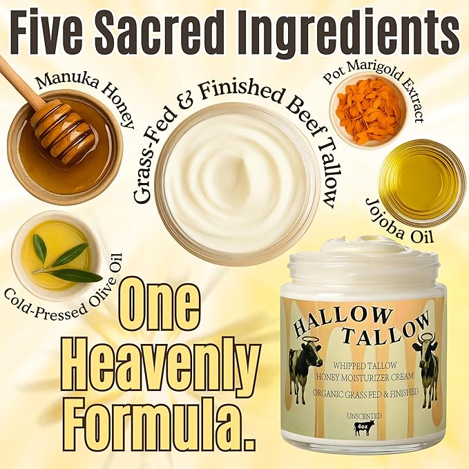 Hallow Tallow Whipped Beef Tallow Moisturizer – 100% Grass-Fed & Finished Tallow Balm with Manuka Honey, Jojoba & Olive Oil, Calendula Extract – Natural Hydrating Face & Body Cream, 4oz