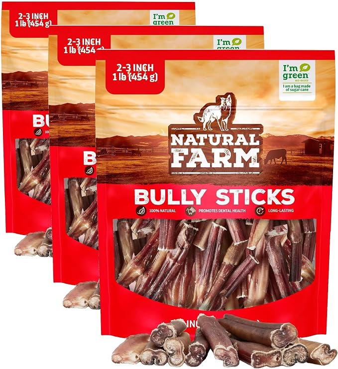 Natural Farm Odor Free Bully Sticks (2-3 Inch, 1 Pound) for Small & Medium Dogs - 100% Beef Chews for Pups, Non-GMO, Grain-Free, Fully Digestible Long Lasting Dog Treats (Pack of 3)