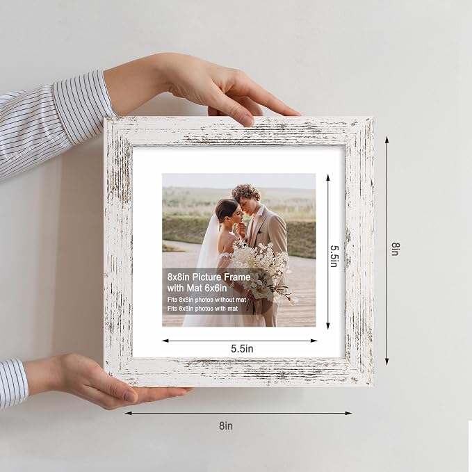 Hongkee 8x8 Picture Frames Set of 4, Made of Glass and Distressed White Wooden Frame - Display Picture 6x6 with Mat or 8 x 8 Without Mat, 8 by 8 Photo for Wall or Tabletop