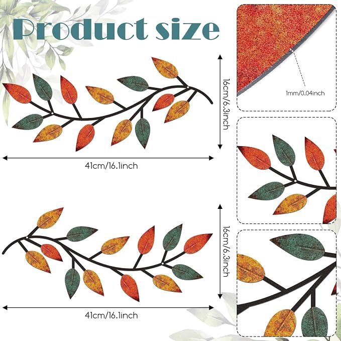 Zhengmy 2 Pcs Metal Leaf Wall Art Vine Branch Decor,Lively Colors | Olive Branch Metal Decor for Living Room Hallway, Symmetrical Leaf Pair for Doorway Entryway, Lightweight Hanging Art Design