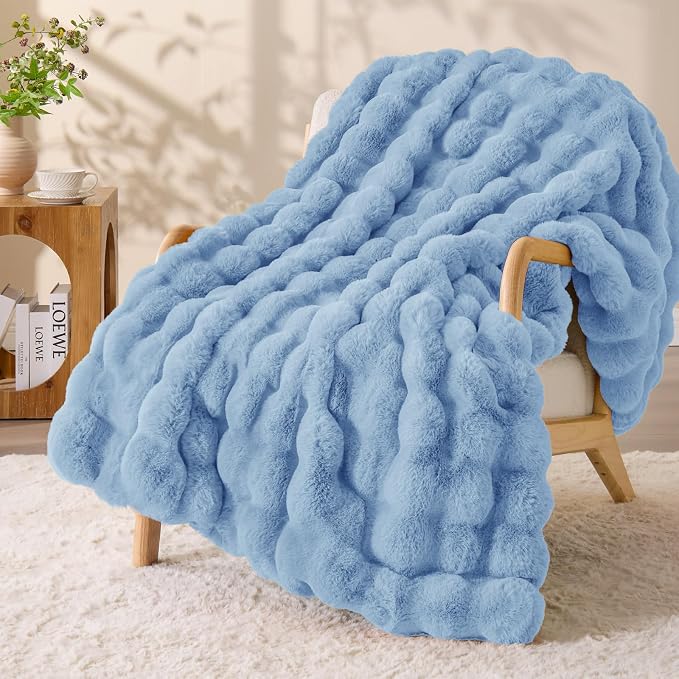 BEDELITE Faux Fur Throw Bubble Blanket for Couch, 50" x 60", Light Blue | 870GSM Soft Cozy Plush Blanket for Sofa & Bed Living Room Decor, Warm Fuzzy Faux Rabbit Fur for Women Gift, All Season Use
