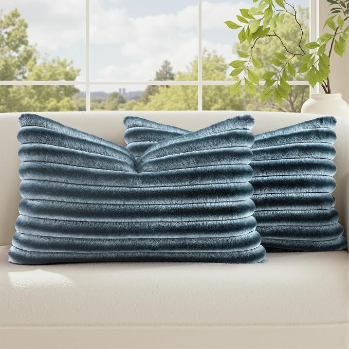 decorUhome Fall Faux Fur Throw Pillow Covers 12x20 Set of 2 Blue Grey | Decorative Soft Cozy Striped Plush Modern Farmhouse Boho Couch Pillow Cases Velvet Back for Sofa Bed Living Room Home Decor