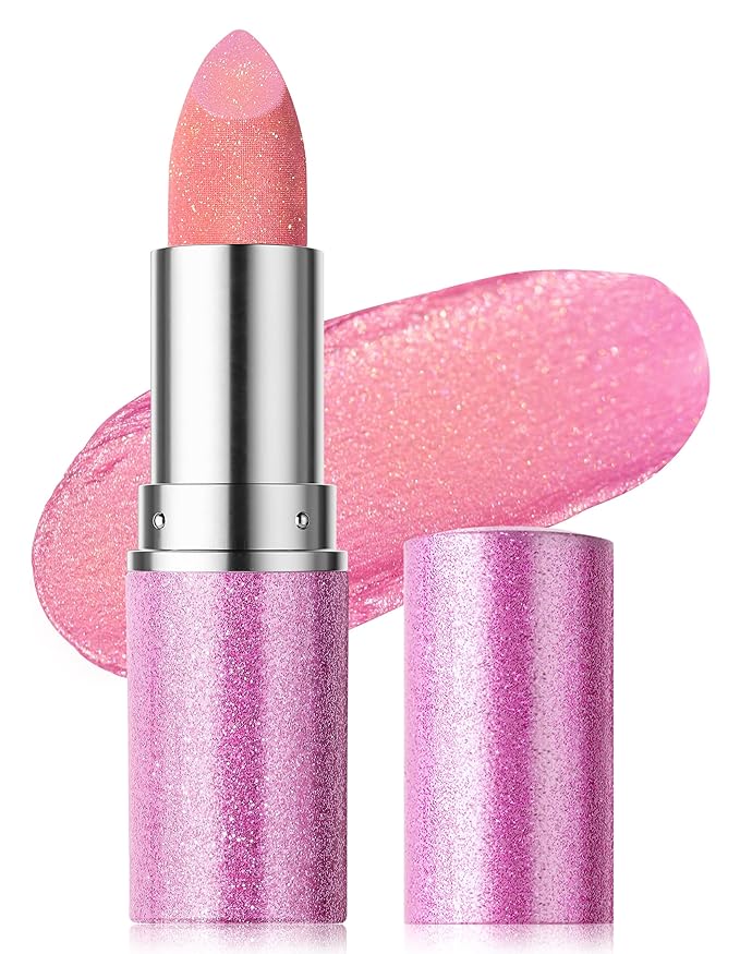 Erinde Glitter Shine Lipstick, Pearl Diamond Shimmery Creamy Lipcolor, Hydrating Glimmer Finish Lipsticks with Creamy Texture, Long Lasting High Pigmented Metallic Lip Stick Lip Stain, 02 Light Pink