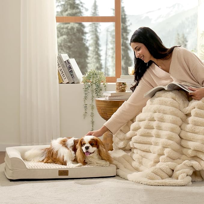 COZY KISS Orthopedic Dog Bed for Medium Small Size Dogs, L Shaped 30x20 in | Non-Slip Bottom Soft Pet Sofa with Washable Removable Waterproof Cover, Egg-Crate Foam Couch with Portable Handle, Beige