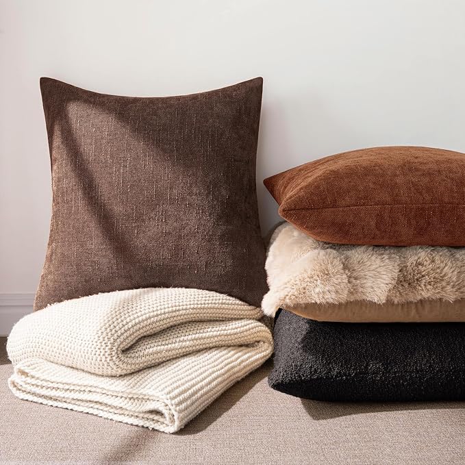 MIULEE Textured Chenille Throw Pillow Covers 22x22 Inch Red Brown | Pack of 2 Decorative Soft Throw Pillows, Solid Textured Cushion Covers, Modern Home Decor for Couch Sofa Bedroom Living Room