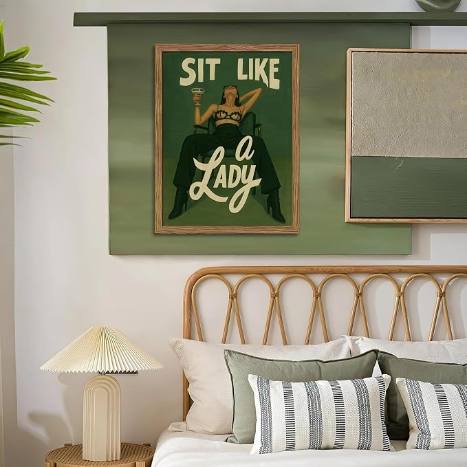 Framed Feminist Wall Art, Vintage Sit Like a Lady Green Wall Decor, Bold Girl Power Feminine Poster Print, Retro Empowering Female Canvas Painting Aesthetic for Bedroom Dorm 12x16 inch