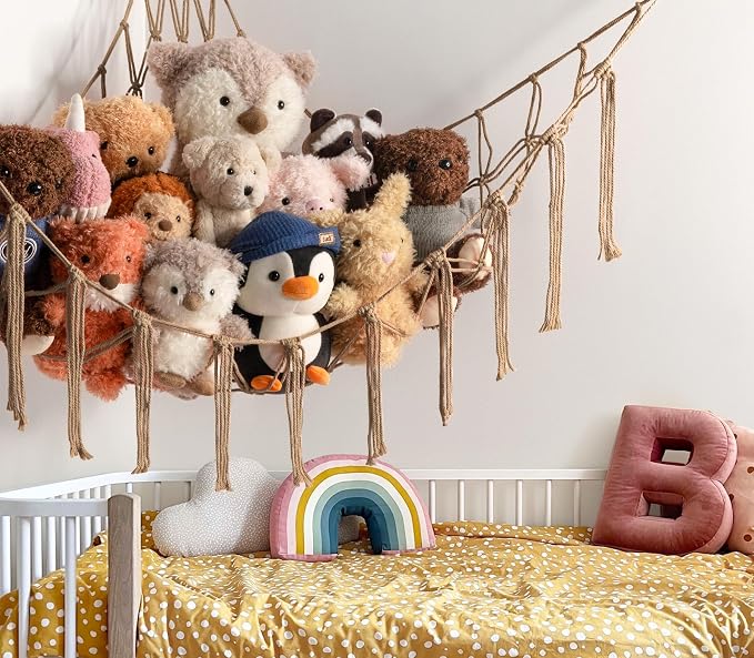 Stuffed Animal Storage Hammock or Net Corner - Large Toy Hammock Net for Stuffed Animals Room Decor - Cute Stuff Animal Organizer Plush Holder - Kids Baby Nursery Essentials Wall Bedroom Home Decor