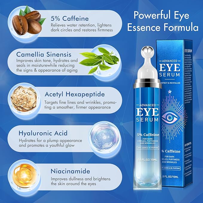 Advanced Eye Serum with 5% Caffeine & Retinol Hyaluronic Acid Niacinamide Eye Treatment Cream for Puffy Bags Dark Circles Fine Lines Under Eyes Serum with 360°Massage Roller Ball 15ML/0.5 fl.oz