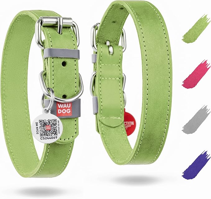 WAUDOG Genuine Leather Dog Collar Adjustable Large Medium Small QR Code Tag