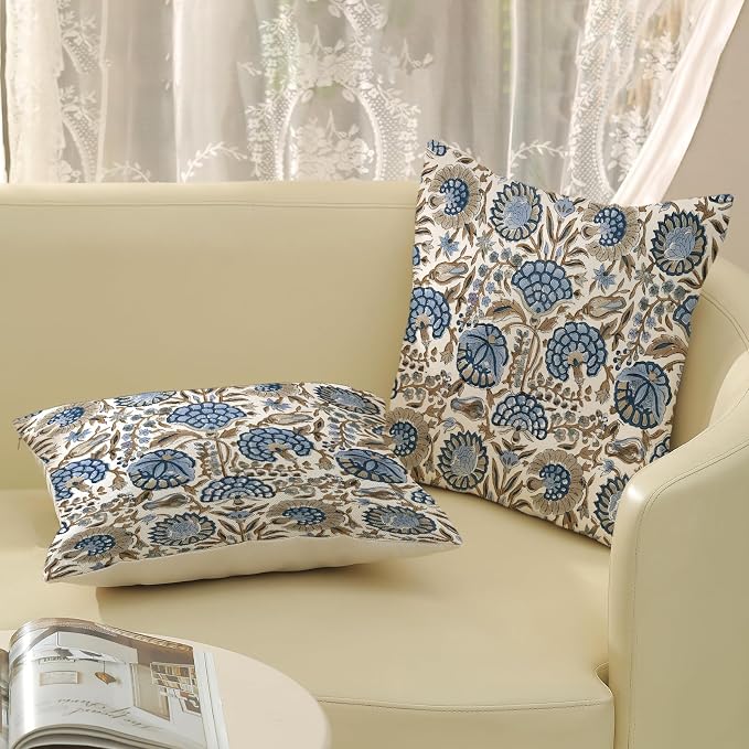 Block Print Pillow Covers 18x18 Inch Pack Of 2 Boho Blue Brown Floral Decor Throw Pillow Covers Spring Summer Flower Pillowcase Outdoor Farmhouse Decorative Square Cushion Cover for Home Couch