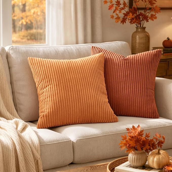 MIULEE Fall Decorative Corduroy Throw Pillow Covers Set of 2 16x16 Rust | Soft Striped Textured Cushion Cases, Boho Rustic Square Pillowcases for Home Decor, for Couch Chair Sofa Bed Living Room