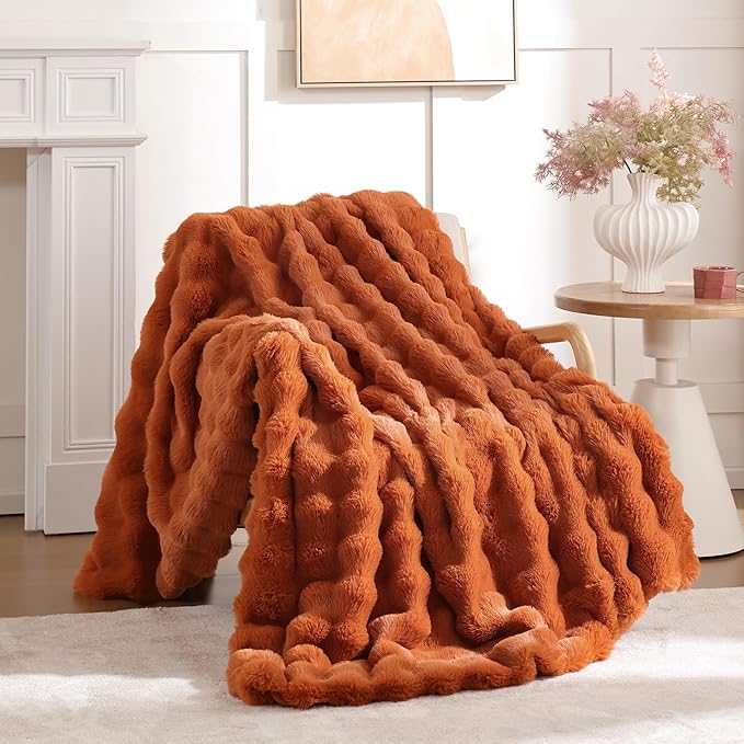 Faux Fur Fall Throw for Couch - Burnt Orange Bubble Blanket 60"x80" | Fluffy Plush Fuzzy Throw for Sofa & Bed, Super Soft Cozy Comfrt Blanket, Luxury Aesthetic Burnt Orange Decor Gift for Women