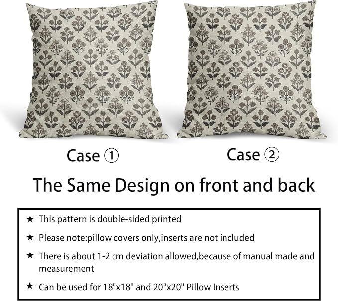 Black Dark Brown Floral Pillow Covers 18x18 Inch Set of 2, Vintage Flower Block Print Pattern Decorative Throw Pillowcases Outdoor Rustic Farmhouse Cushion Covers Antique Neutral Sofa Couch Bed Decor